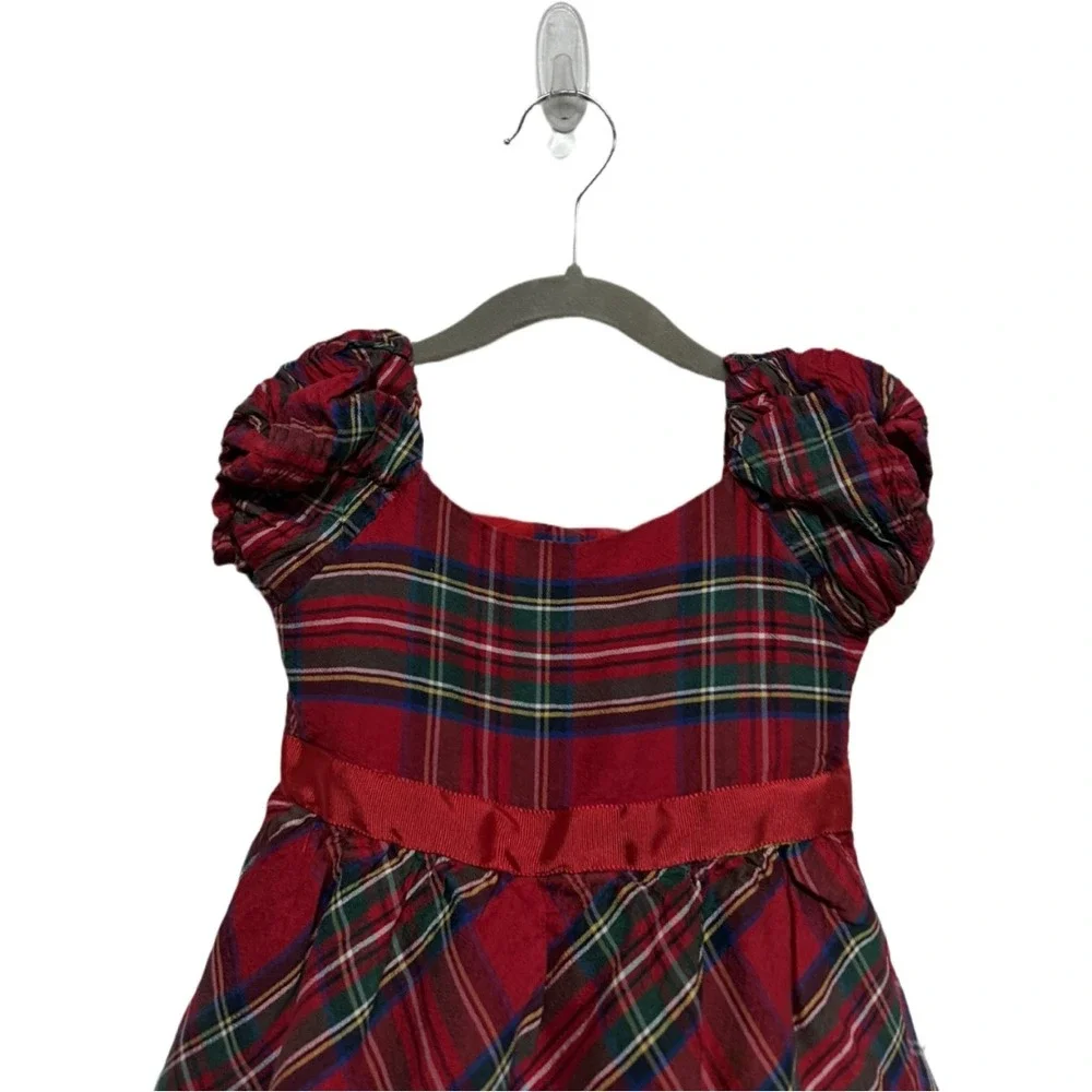 Janie and Jack Girls Silk Plaid Holiday Dress Size 3 Red Tartan Puff Sleeve